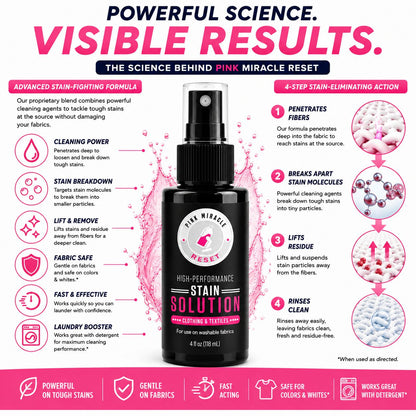 Pink Miracle RESET Stain Remover Spray for Clothes & Fabrics | Laundry Spot Treatment for Wine, Coffee, Grease, Blood & Food Stains | 4 fl oz